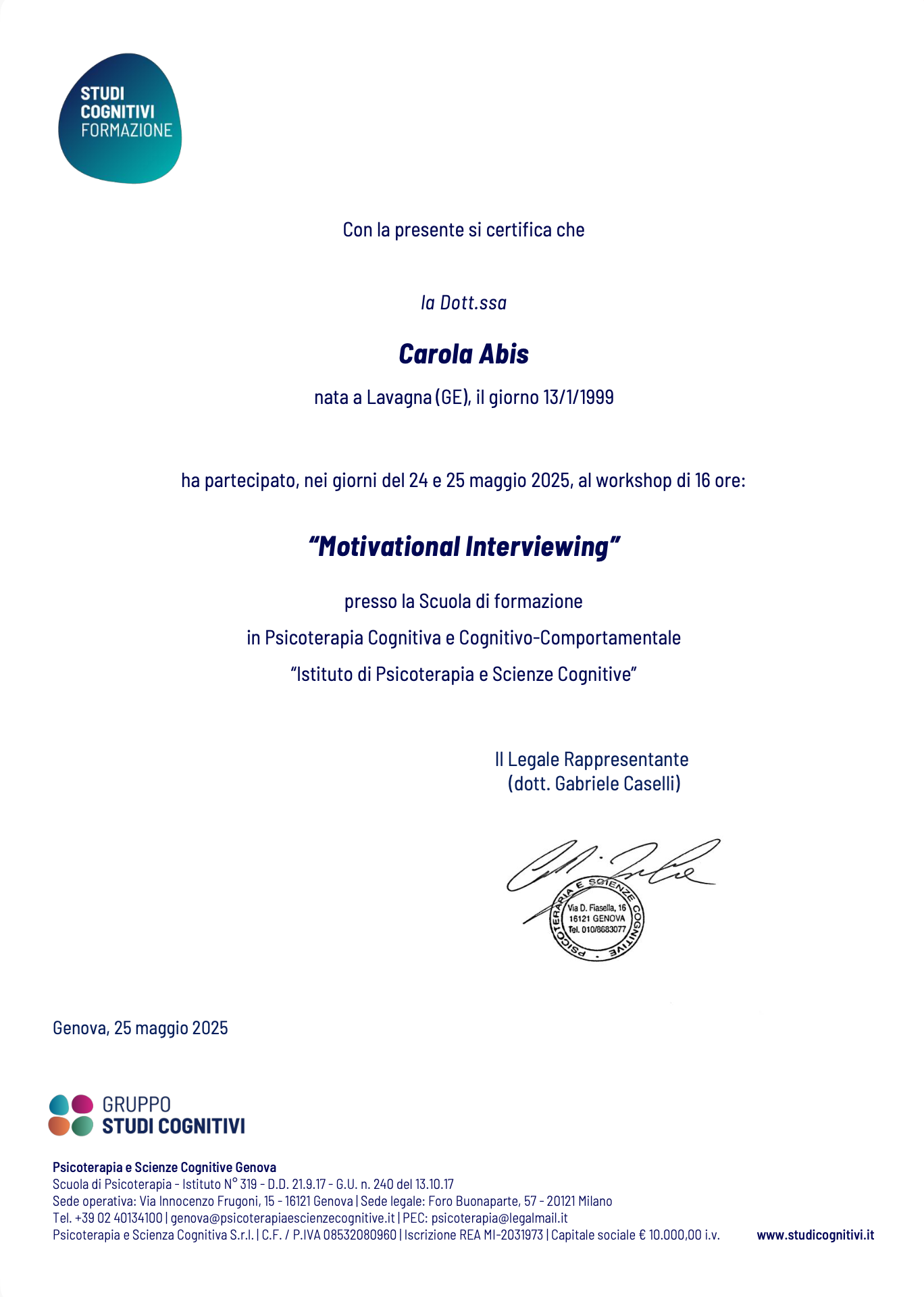 Motivational Interviewing — attestato di Carola Abis
